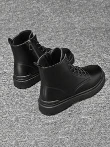 男士高帮靴，秋冬季百搭黑色真皮休闲鞋，耐磨低帮工装鞋，新款时尚休闲鞋，可搭配正装，系带金属鞋眼 - 黑色 - 查看 2