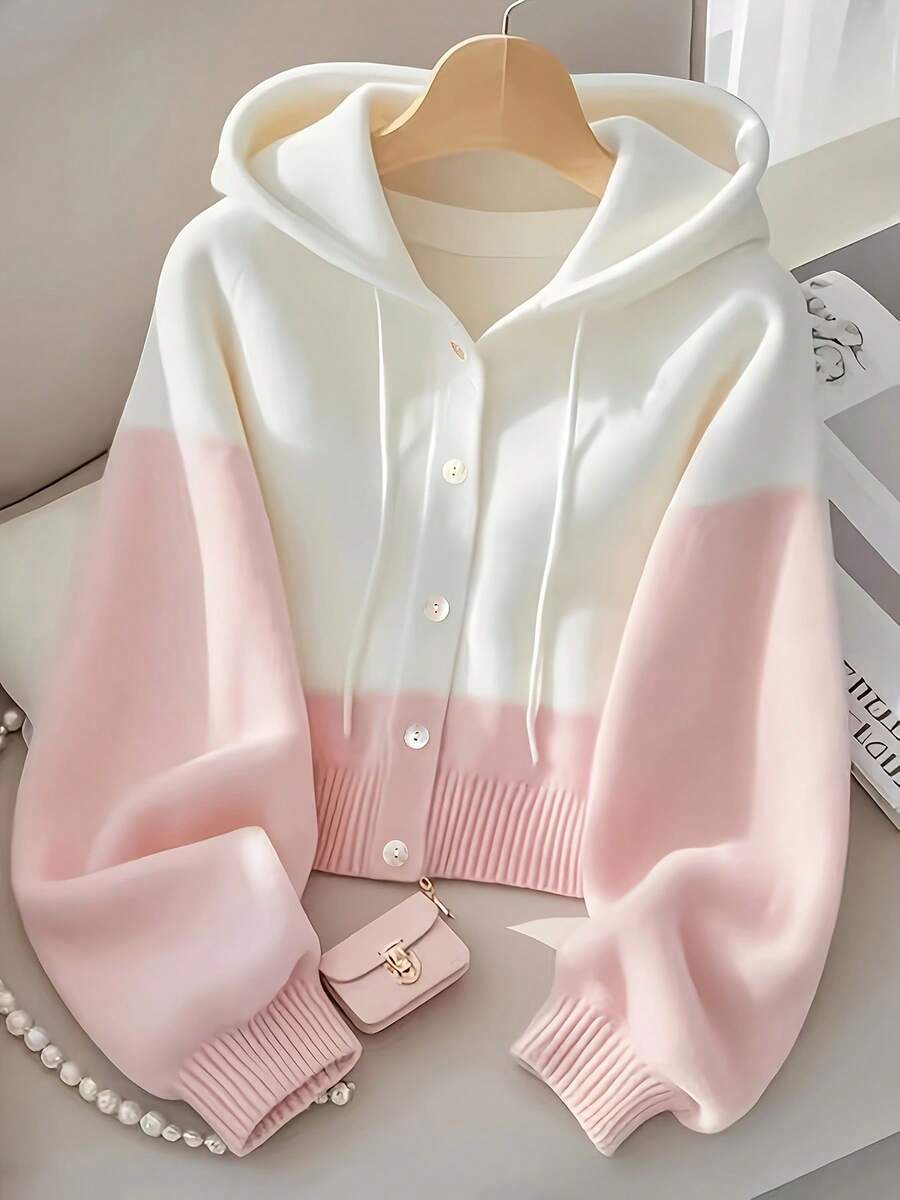 Women's Elegant Pink & White Colorblock Hooded Cardigan Sweater - Loose Fit Short Length With Front Button Closure, Soft Stretch Fabric, Cozy Fall Winter Jacket For Casual & Semi-Formal Outfits, Casual Attire, Comfortable Fabric, Stretchy Material, Stylish Knitwear, Office Wear - 粉色 - 查看 1