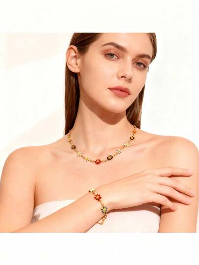 1 Set de Joyería Estilo Bohemio con Collar y Pulsera de Girasol para Mujer, Joyería con Dije de Margarita de Esmalte Colorido, Joyería Floral Doble Cara, Adecuada para Uso Diario, Vacaciones, Citas, Fiestas