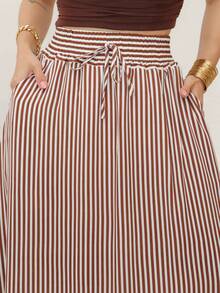 AMY FASHION STRIPED LENGTH SKIRT WITH SLIT AND BAG, THICK WAIST, 2025 FASHION - Coffee Brown - View 5