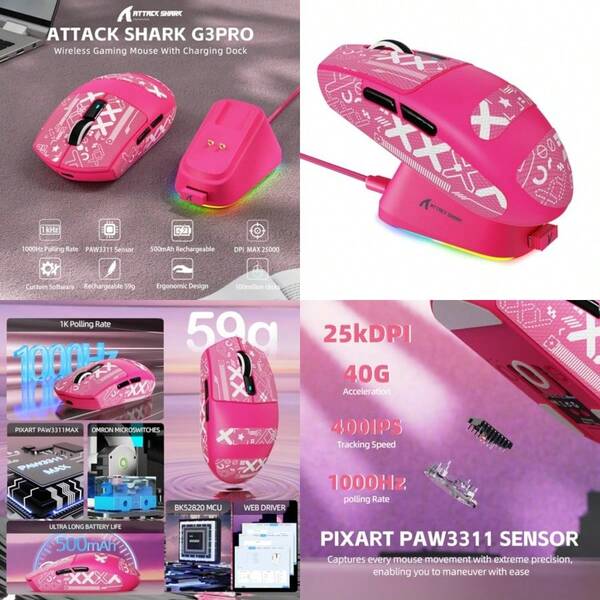 G3PRO Wireless Gaming Mouse With RGB Charging Dock2.4G USBC Wired BT PAW3311 Optical Sensor 1K Polling Rate Adjustable 25K DPI 500mAh Battery Ultra Lightweight 59g Mice RedandGriptape