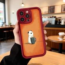 Cubierta de teléfono con borde negro y diseño naranja con dibujo de oso polar sosteniendo taza de café para uso diario en cafeterías Aplicable a los teléfonos de la serie Apple y Galaxy - Burdeos - Ver 2