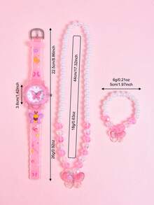 3件套女孩礼物：3D蝴蝶软硅胶表带儿童手表、创意LED发光石英学生手表、奢华公主亚克力蝴蝶项链手链首饰套装 - 粉色 - 查看 3