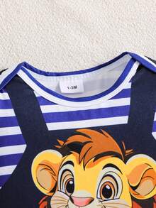1pc Infant Boys' Lion Print Navy Blue Striped Cute Elegant Minimalist Long Sleeve Footed Jumpsuit, All Season - Navy Blue - View 3