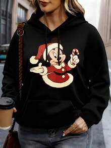 Disney Women Hoodie White Minnie Mouse Christmas Print Casual Winter Wear - Black - View 1