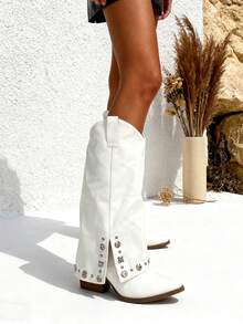 TULIPANO High-Quality Women's Cowboy Boots With Chunky Heels, Punk Style, Y2K Collection, New Wide-Shaft Boots With Studs For Autumn/Winter, Ideal For Modern And Daring Looks. High-Quality Women's Cowboy Boots With Chunky Heels, Punk Style, And Loose Design, New Autumn/Winter Collection With Studs And Y2K Style, Long Boots - 白色 - 查看 2