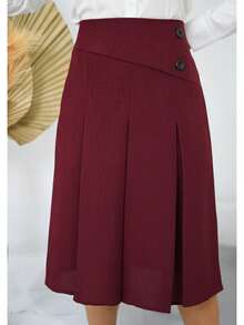 Pleated Midi Skirt With 2 Buttons, Linen Fabric 004 - Màu Đỏ Sâu - Xem 3