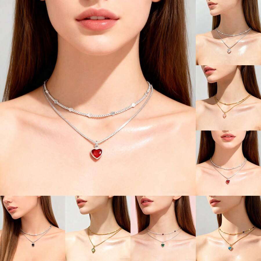 Set Of 2 Women's Necklaces, Each With A Vibrant Colored Heart-Shaped Pendant. Plated In 925 Sterling Silver Or 18K Gold. - 銀色 - 查看 1