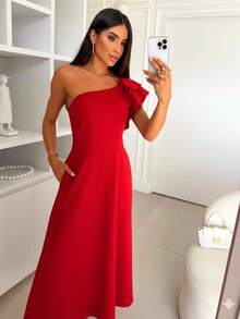 Elegant One-Shoulder Dress With Pocket And Zipper. - 紅色 - 查看 4