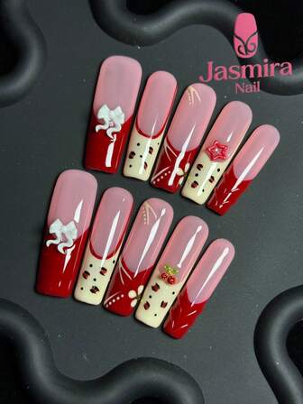 10 Pcs Handmade Nail Art Set, Y2K Square Coffin-Shaped Press-Fit Nails, Long Nails, Red Nails, Light Yellow False Nails, French Manicure Stickers, Hand-Painted Lines, Leopard Print, 3D White Bow, Alloy Cherry, Sweet And Cute Style Suitable For Ladies And Girls, Parties, Travel, The Best Gift For Women. Acrylic Press-Fit Nail Products.