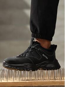 GUYISA Zapatos de para invierno, con puntera de acero anti-aplastamiento y anti-perforación, suela gruesa, zapatillas deportivas de aspecto recio, suela de goma ligera, estilo patchwork de tela de moda, suaves y cómodos, funcionales para trabajo en exteriores en invierno, cálidos y seguros - Negro - Ver 4