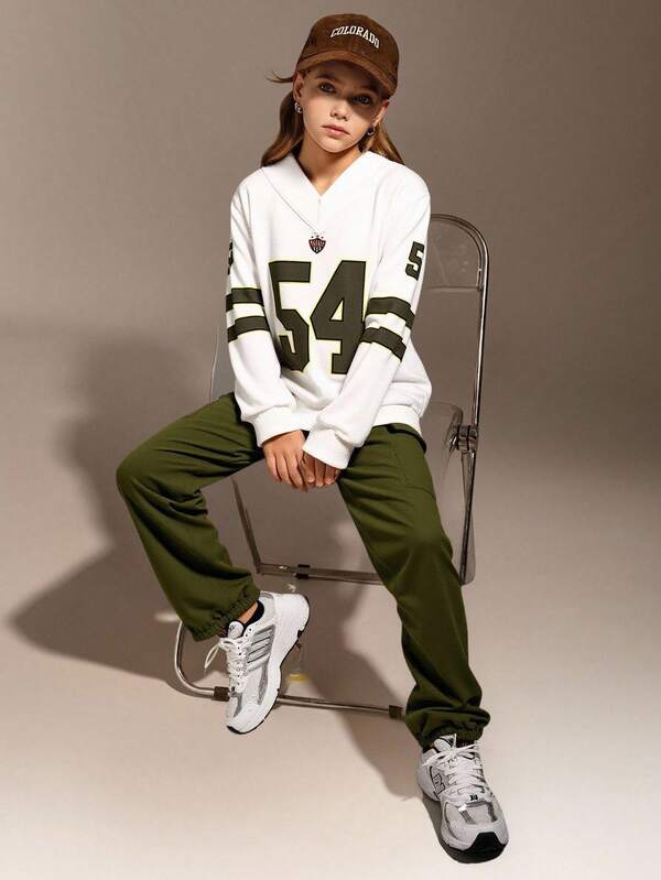 Hanevo Conjunto de 2 piezas para niñas preadolescentes de primavera y otoño con sudadera de manga larga con bloqueo de color y estampado numérico y pantalón cargo, look diario cool para niña