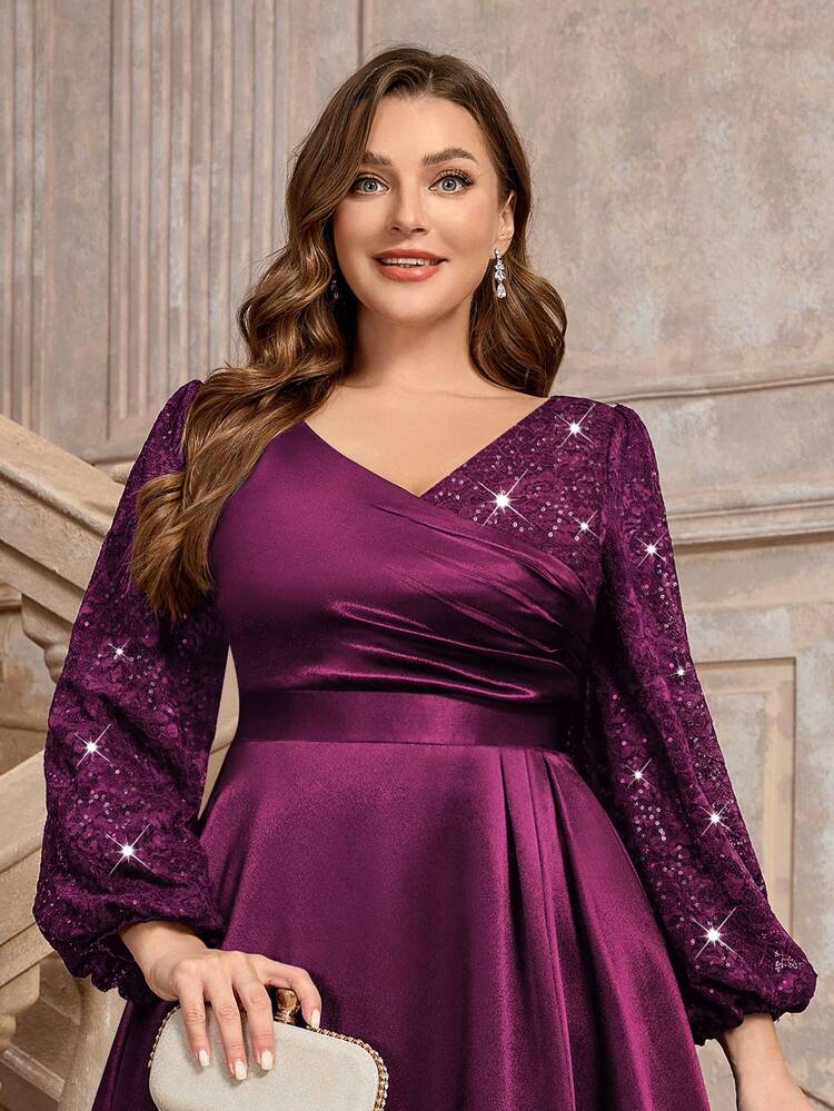 فستان سهرة رسمي مزين بالترتر والدانتيل والأكمام الفانوس والياقة على شكل حرف V، مناسب لحفلات الزفاف والتخرج والعشاء والعودة إلى المنزل، مثالي لمناسبات عيد الحب - لون كستنائي - مشاهدة 8