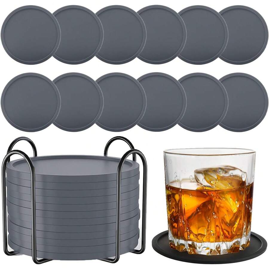 12PCS Portavasos de Silicona Antideslizantes para Mesa con Soporte, Posavasos para Proteger la Mesa de Calor y Desgaste, Almohadillas Aislantes para Cocina, Restaurante, Bar y Cafetería (Gris) - gris - Ver 1