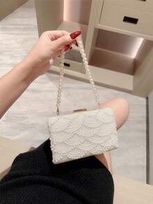 1件装优雅仿珍珠盒形晚宴手拿包，正式派对包，浪漫婚礼新娘手提包，奢华闪亮水钻装饰正式礼服手拿包，晚宴钱包，仿珍珠包 - 白色 - 查看 8