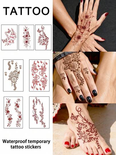 7Pcs Fake Tattoo Temporary Tattoo Henna Floral Butterfly Y2K Sweatproof Disposable For Women And Men Face, Arm, Waist, Chest, Leg, Abdomen, Neck, Hand, Finger, Back For Dancing Party Stage Performance Modernist Body Art