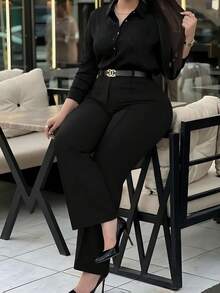 Solid Color Zipper Button Elastic Straight-Leg Pants, Versatile For Office And Everyday Wear - Black - View 4