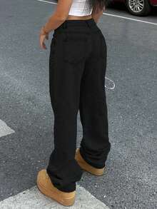 Women Casual Light Color Water-Washed Wide Leg Denim Jeans For Daily Wear - màu đen - Xem 6