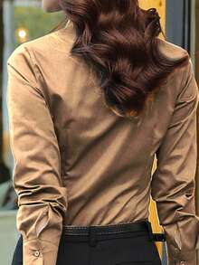 Blusa de manga larga de algodón azul para mujer, nueva para primavera/otoño 2026, ropa de trabajo formal y profesional - Carne marrón - Ver 3