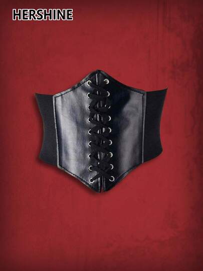 Hershine 1pc Women's Black Corset Mesh Lace Up Hexagon Shaped Gothic Waist Belt, Accessory For Dress, Suitable For Daily Commute, Pair With Simple White Shirt Dress, Friend Gathering, Christmas Party, Countryside Style