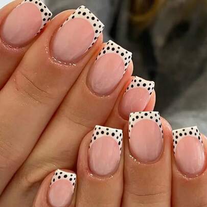 24pcs/Set Short Square Minimalist White French Polka Dot Press-On Nails, Includes Gel Polish And Nail File, Ideal For Girls/Women For Daily, Date, Party Wear Nail Supplies