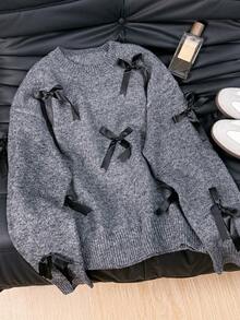 EAVA 复古设计懒人风手工蝴蝶结宽松针织毛衣女款毛衣，可爱优雅风格 - 灰色 - 查看 2