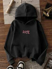 1pc Tween Girl Thermal Lined Thick Warm Sweatshirt, Young Student Clothing, Suitable For Kids Autumn/Winter Long Sleeve Top - Black - View 2