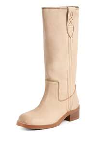 Women's Campus Knee High Boots Square Toe Riding Boots Vintage Pull On Riding Boots Wide Calf Boots Chunky Block Low Heel Motorcycle Boots - 米色 - 查看 5