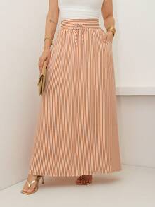AMY FASHION STRIPED LENGTH SKIRT WITH SLIT AND BAG, THICK WAIST, 2025 FASHION - Brown - View 4