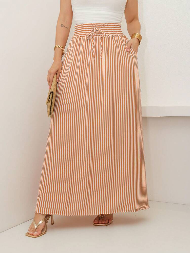 AMY FASHION STRIPED LENGTH SKIRT WITH SLIT AND BAG, THICK WAIST, 2025 FASHION - Brown - View 4