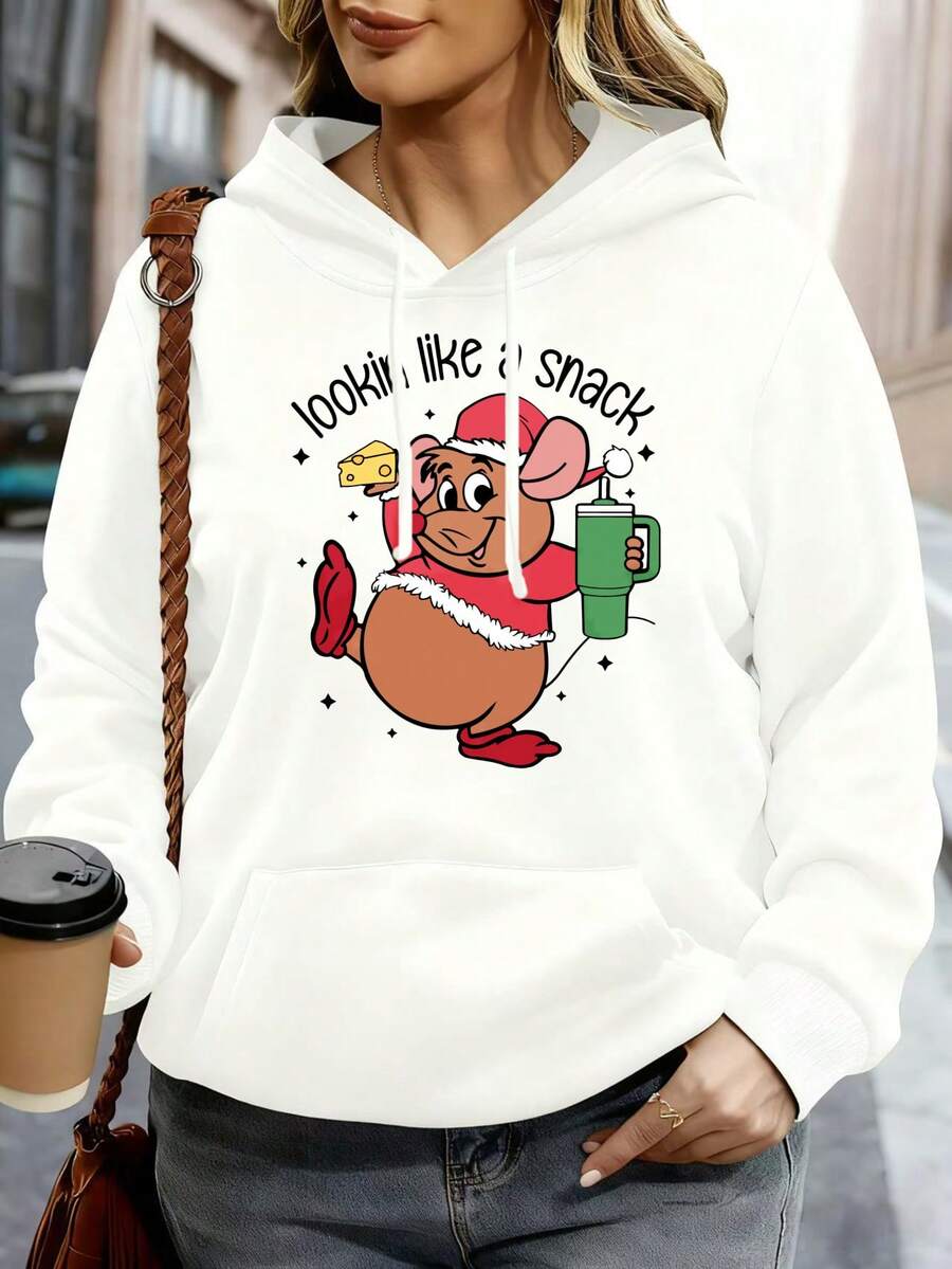 Disney Hoodie White Mickey Mouse Christmas Santa Design Lookin Like A Snack Print Casual Wear For Women Winter Holiday Outfit - 白色 - 查看 1