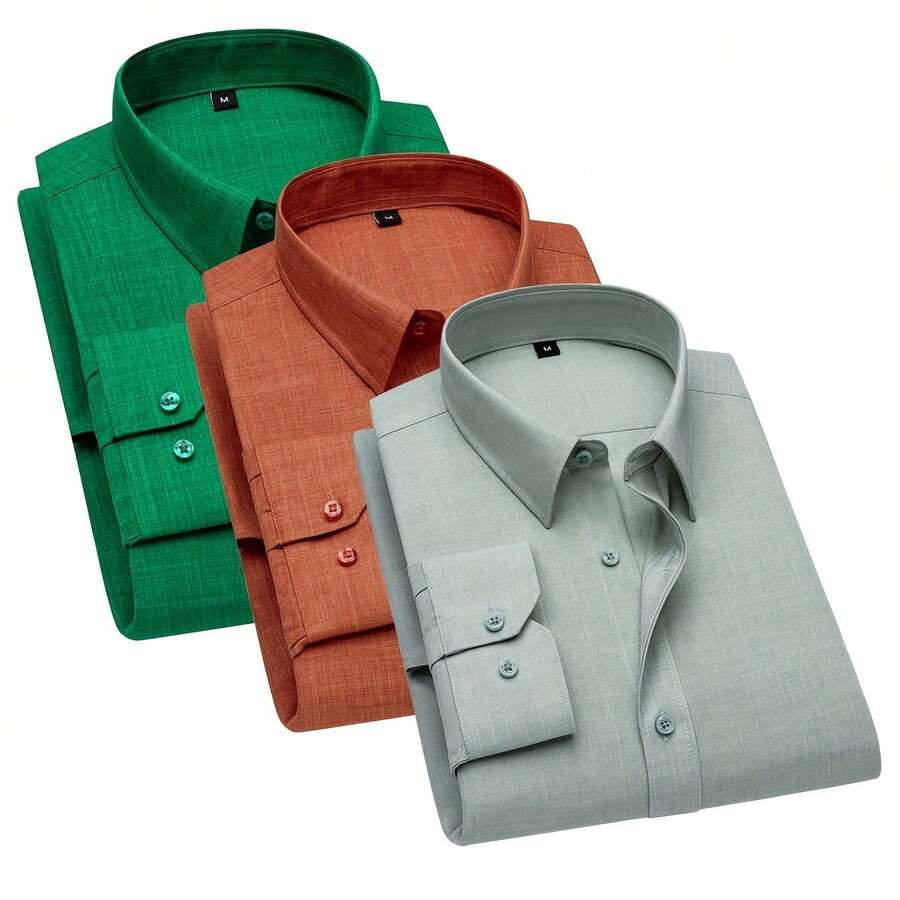 3pcs Breathable High-Quality Shirts For Men And Women, Forest-Themed Breathable Shirts, Business Formal Shirts, Casual Daily Shirts, Simple Vibrant Solid Color Shirts, Long Sleeve Button-Up Shirts, Romantic Island Beach Wedding & Proposal Shirts, Summer Autumn Forest Color Shirts, Men Shirt Long Sleeve, Shirt For Men, Long Sleeve Shirt Men, Men Clothe - 橘紅色 - 查看 1