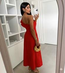 Elegant One-Shoulder Dress With Pocket And Zipper. - 紅色 - 查看 2