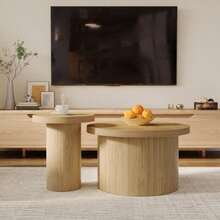 Coffee Table, Double Round Table, Side Table With Natural Wood Slats. Multifunctional Living Room Table. - Natural Walnut Wood Color - View 4