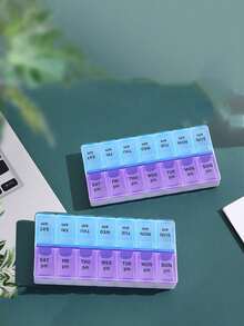 1 pièce/2 rangées 14 compartiments Boîte à pilules bleue et violette, portable et pratique. Grande capacité, étanche à l'humidité, facile à distinguer le matin et le soir. Boîte de rangement pour comprimés, capsules et vitamines avec identification en braille. Distributeur de médicaments pour 1 semaine, 7 jours AM et PM.