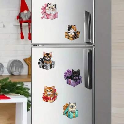 6件套钻石画冰箱贴 - 多色小猫图案，DIY钻石画套装，闪亮不对称钻石效果，适合家居装饰