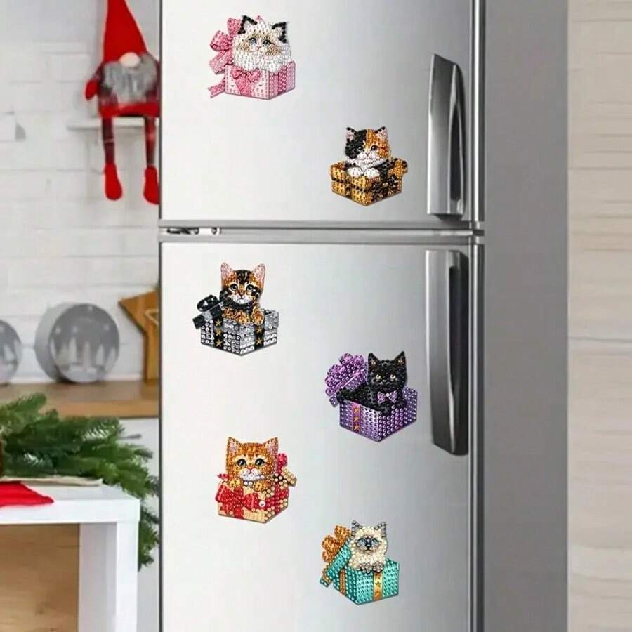 6件套钻石画冰箱贴 - 多色小猫图案，DIY钻石画套装，闪亮不对称钻石效果，适合家居装饰 - 彩色 - 查看 1