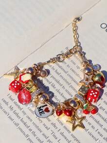 1 pieza Pulsera con dije de dados con estrella y niña, 1 pieza Pulsera gótica oscura con cabeza de demonio de cereza, 1 pieza Pulsera con eslogan de autoamor, 1 pieza Pulsera ajustable con labios rojos Y2K DIY