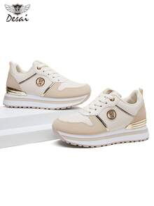 DESAI Women's Shiny Fashion Sneakers, Platform Increase Height, Versatile, Ins Thick Sole Sports Shoes, Lightweight Lace-Up, Comfortable Running Shoes, Casual Colorblock Commuting Shoes - Beige - View 2