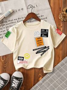 Áo thun ngắn tay cổ tròn in khẩu hiệu dành cho bé trai, kiểu dáng thường ngày, đa năng. - Màu be - Xem 1