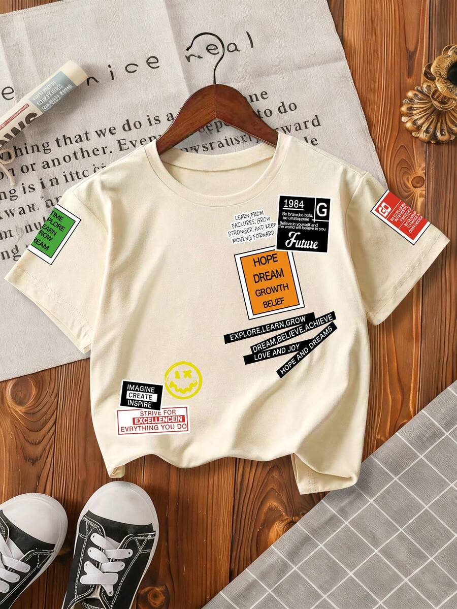 Áo thun ngắn tay cổ tròn in khẩu hiệu dành cho bé trai, kiểu dáng thường ngày, đa năng. - Màu be - Xem 1