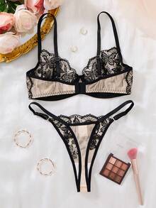 1 Set Of 2 Pieces Women's Black Embroidered Floral Sexy Daily Underwear Set, Butterfly Embroidered Underwear And Thong Two Pieces Set, Comfortable Home Style Bra Set - 黑色 - 查看 2