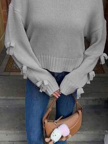 Joy Knit 女款秋冬新款針織上衣 優雅休閒極簡甜美百搭 3D蝴蝶結袖短版寬鬆圓領針織套頭毛衣 生日派對海灘節慶適用 - 灰色 - 查看 3