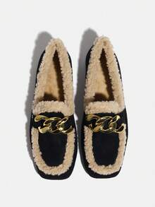 Giày lười nữ cổ điển, mũi vuông màu đen, thiết kế khoen kim loại, giày lười đa năng mới, thoải mái và ấm áp cho mùa đông - màu đen - Xem 7