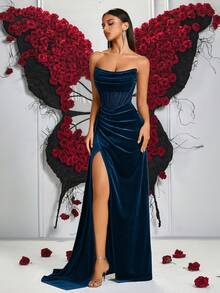 女士优雅纯色心形领口系带长裙，前开衩露背设计，正式晚礼服（不含手套） - 海藍色 - 查看 7