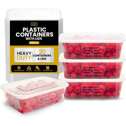 Superior Food Storage Containers With Lids – 20 Pack Durable 650ml Crack-Resistant Rectangular Food Containers With Lids -Microwave  Leak-Proof Takeaway Containers- Meal Prep & Food Storage