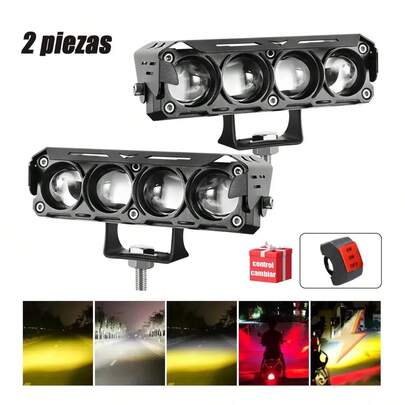2 piezas luces auxiliares para faros, cuatro faros con interruptor, cinco modos de iluminación, foco rojo tipo ojo de diablo y luz estroboscópica, aptos para coches y motocicletas.