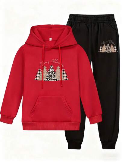 sudadera con capucha roja con estampado navideño, pantalón negro con estampado navideño, estilo festivo, para invierno, suave y cálido‌