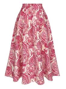 女士长款喇叭波西米亚风休闲半身裙，佩斯利印花宽松半身裙，腰部系带，乡村风沙滩装扮，适合节日度假 - 杏色 - 查看 5