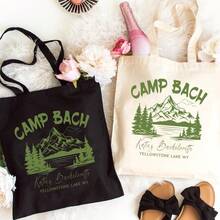 Custom  Inspired Bachelorette Tote Bag - Camp Bach Wedding Party Handbag, Durable Polyester Camping Bag For Bridal Showers, Girls Trip, Hiking Bach - Vintage Outdoor Wedding Decorations, Bachelorette Party Decorations, Mountain Graphic Design, Sturdy Handle Construction, 2D Flat - 黑色 - 查看 1